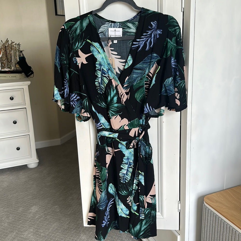 M\L black base floral wrap dress.
